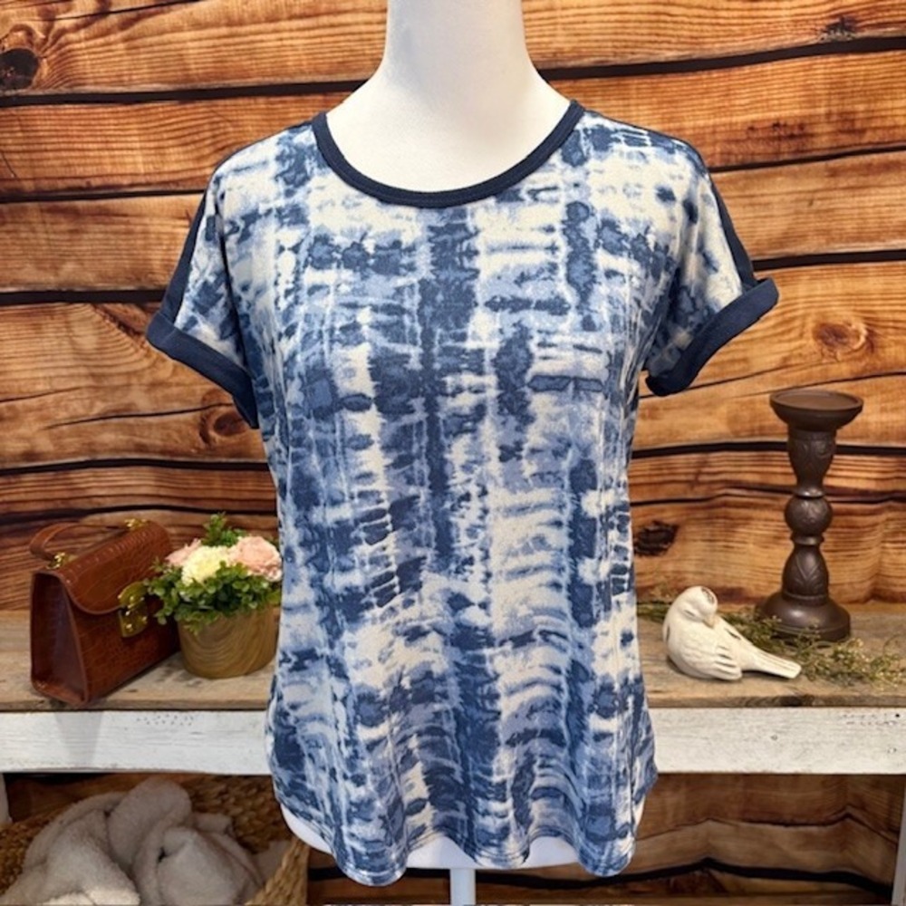 Womens Lucky Brand Blue/White Tie-Dyed Short‎ Sleeve Top Size M